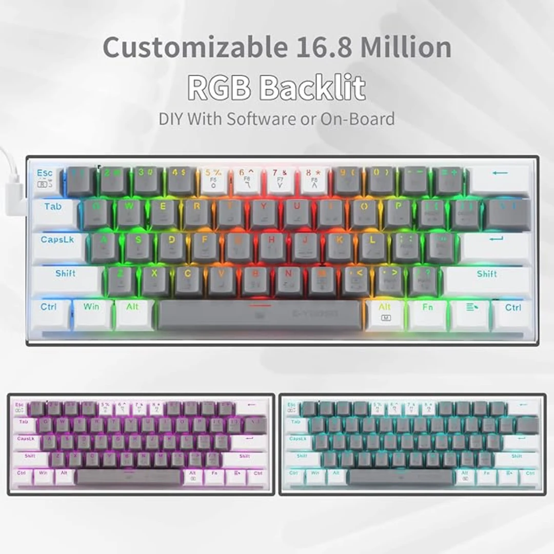 E-YOOSO Z-11 Gaming Keyboard with Red Switches, RGB LED Backlit, 61 Keys Mini Portable Gaming Keyboard (White Grey) - Image 7