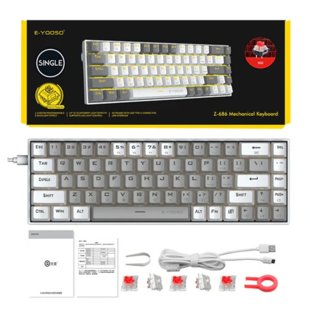 E-YOOSO Z-686 Yellow Single Light 68 Keys Hot-Swappable Wired Mechanical Keyboard Grey/White - Image 10