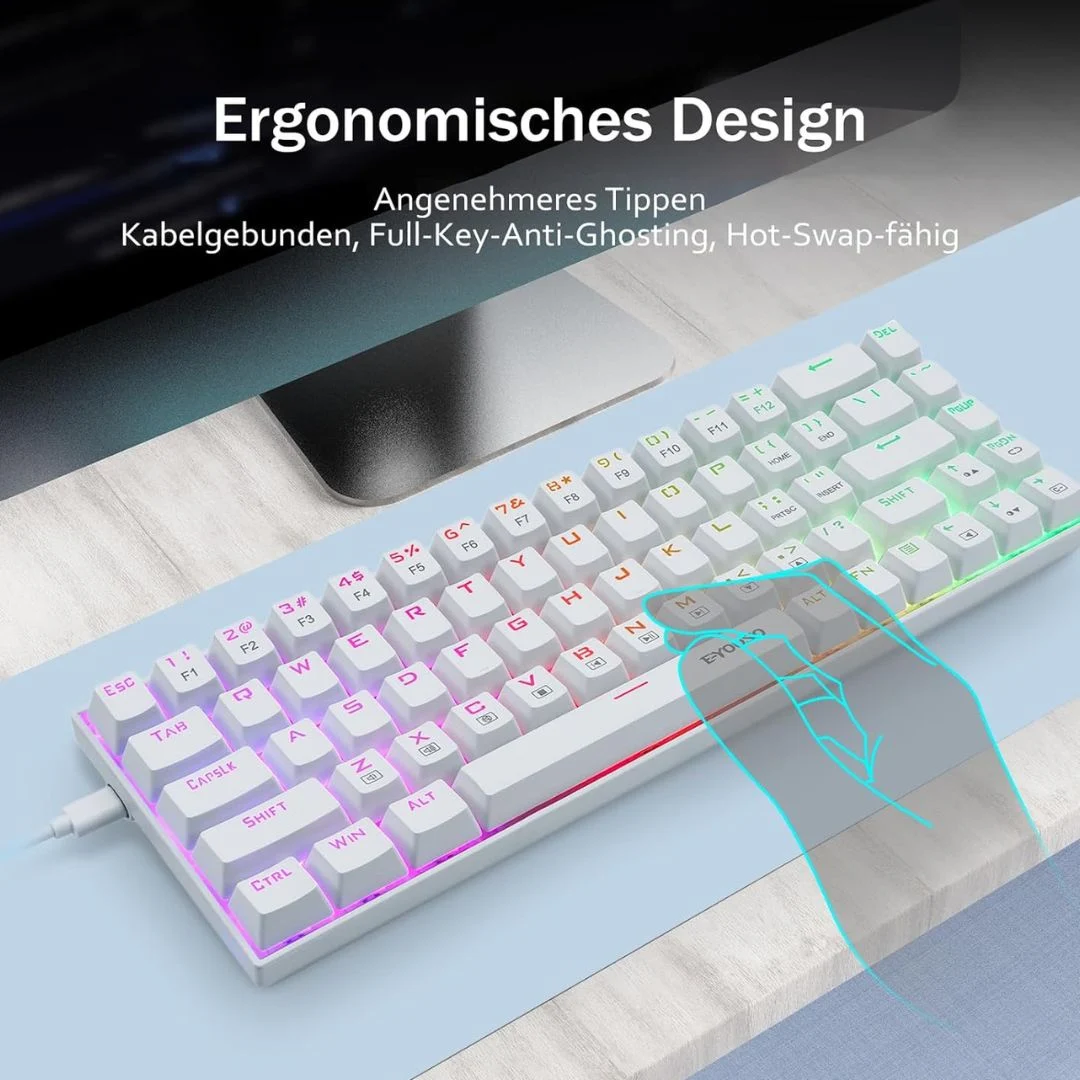 E-YOOSO Z-686 68-Key Mini Keyboard Blue Switch White Monochrome Wired - Image 6