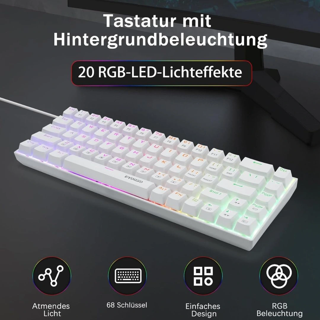E-YOOSO Z-686 68-Key Mini Keyboard Blue Switch White Monochrome Wired - Image 4