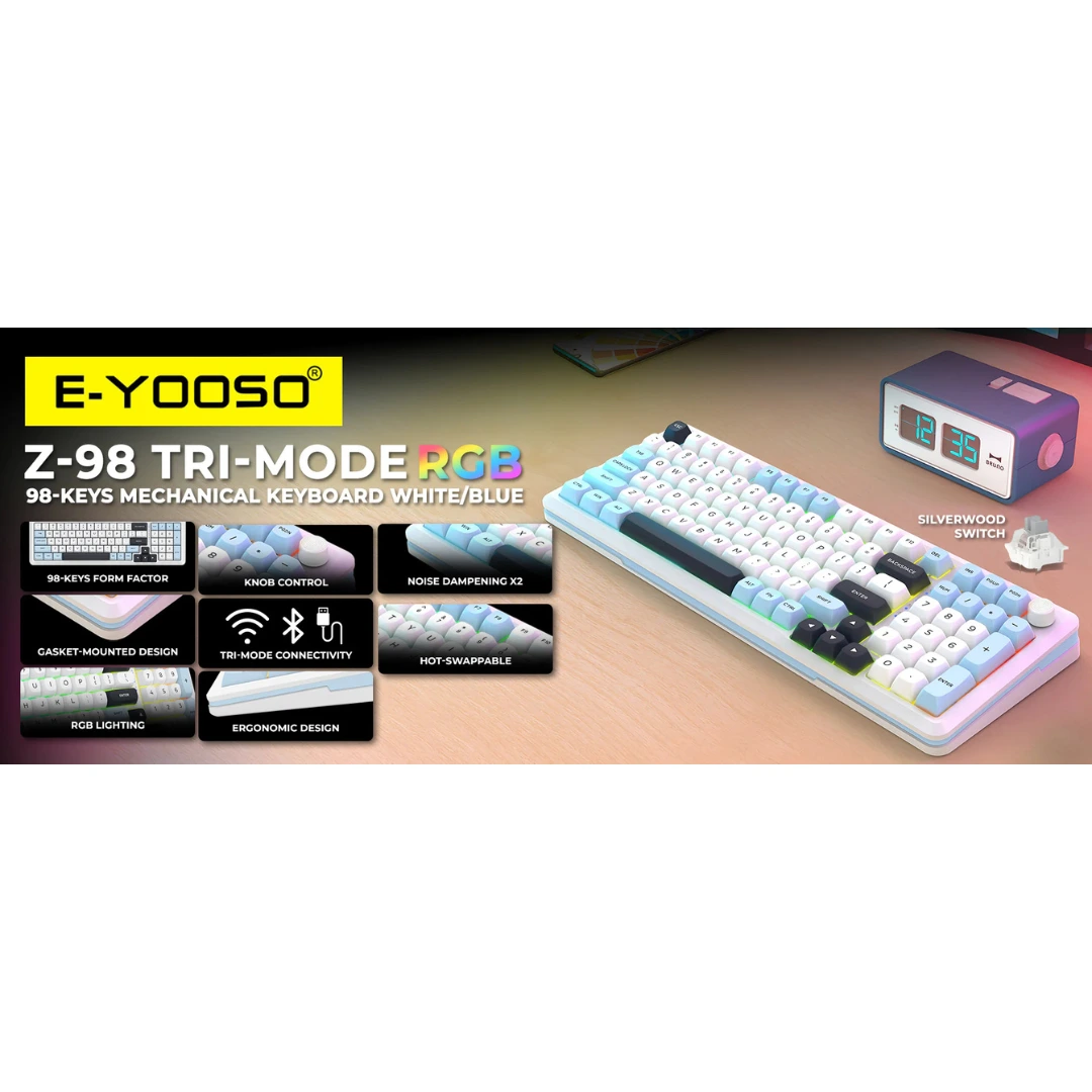 E-YOOSO Z-98 Tri-Mode RGB 98-Keys Mechanical Keyboard White/Blue (Silverwood Switch) - Image 3