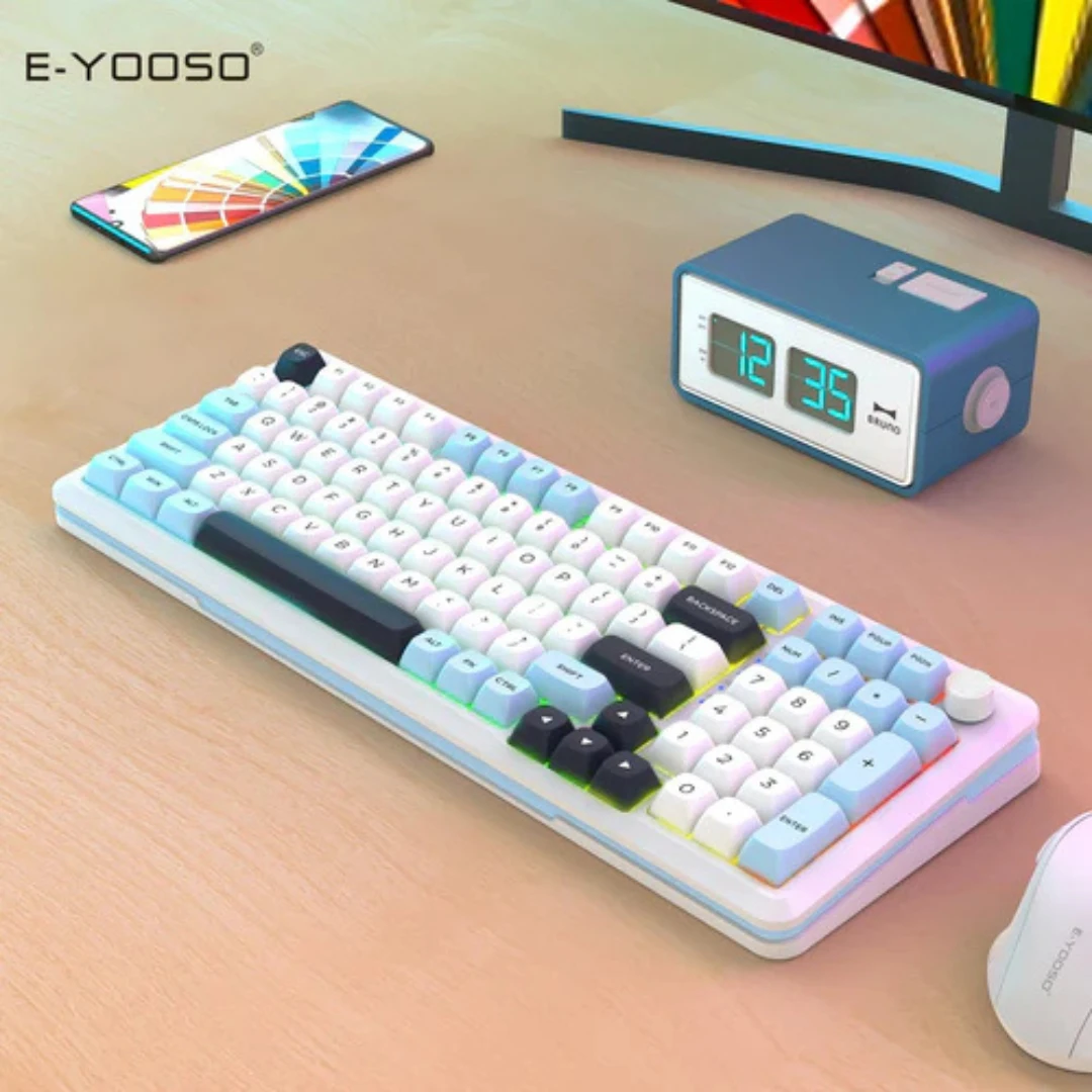 E-YOOSO Z-98 Tri-Mode RGB 98-Keys Mechanical Keyboard White/Blue (Silverwood Switch) - Image 5